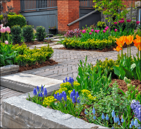 Colorful garden pathway and stone retaining wall.